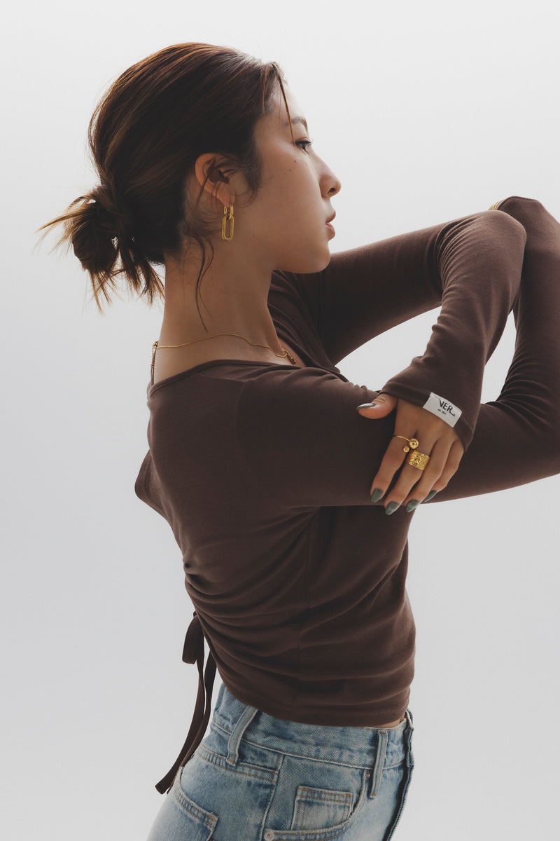 Back Shirring Long Sleeve Top【V2532202】